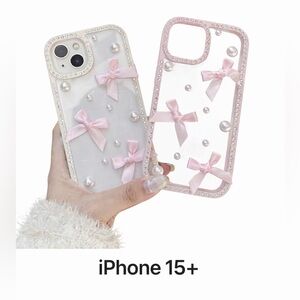 NWT iPhone 15 Plus Case – Pink Bow & Pearl Clear Rhinestone Phone Case